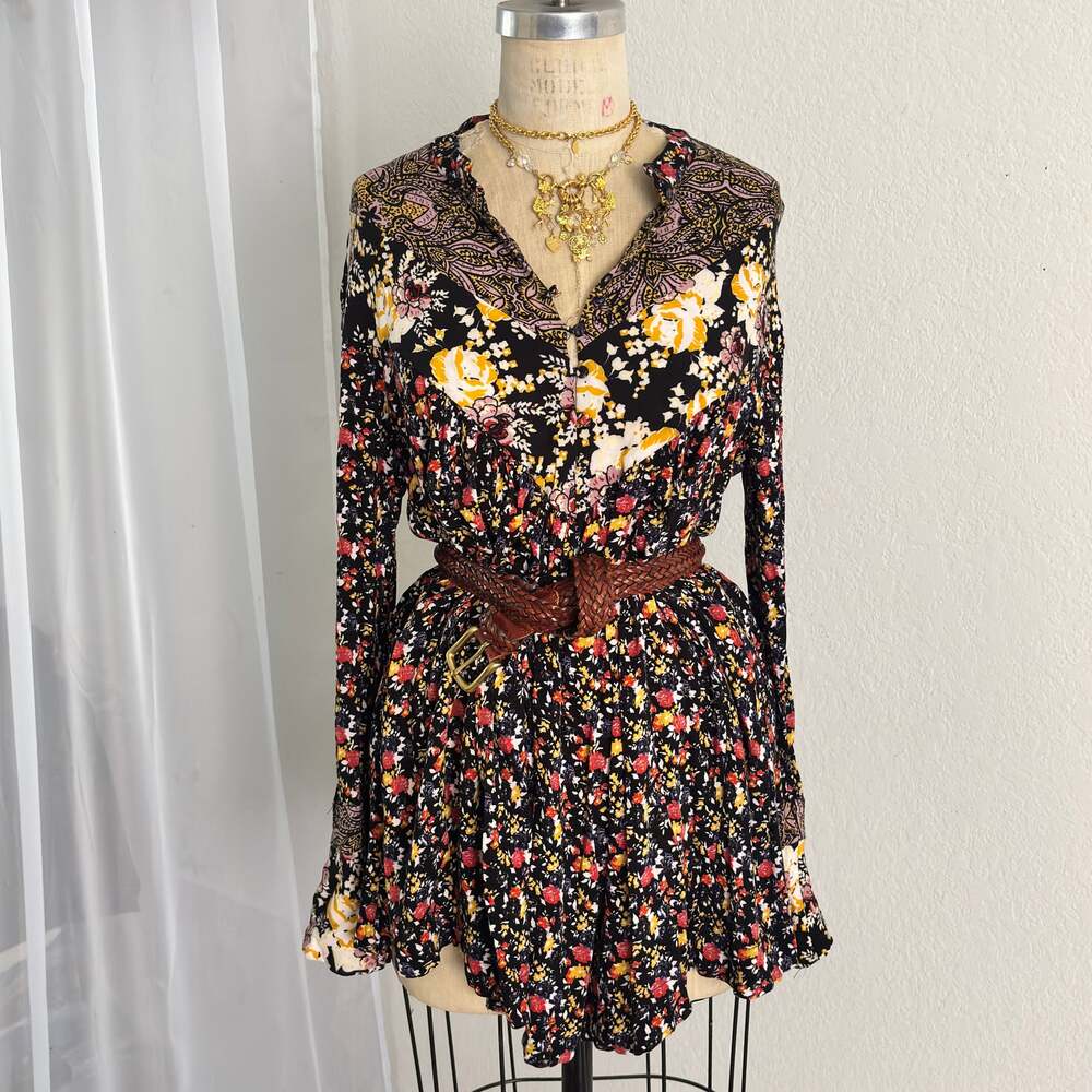 Free People Wildflower Fields Henley Boho Mixed Print Tunic Blouse Top